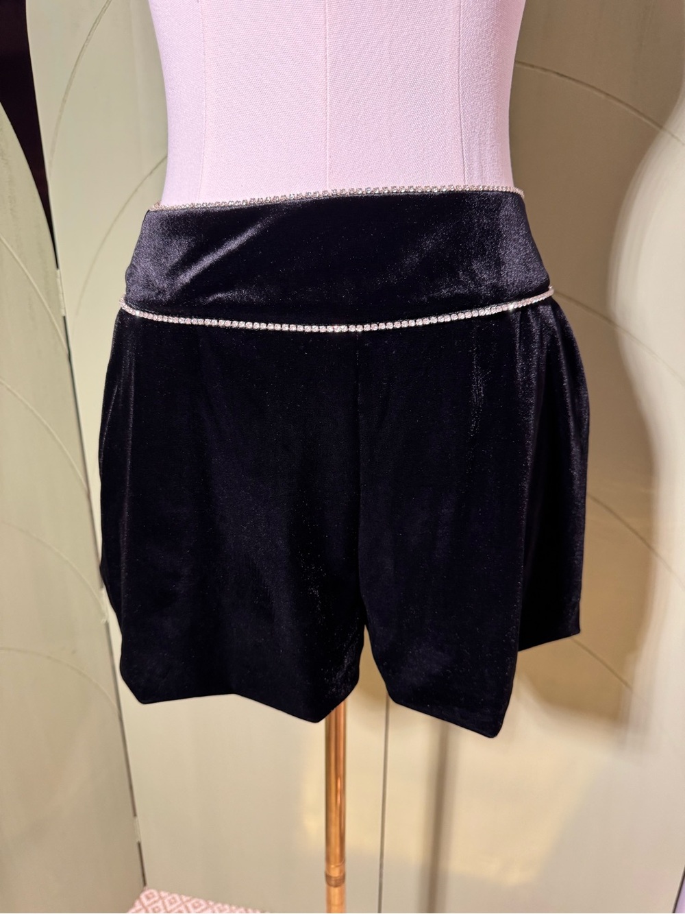Etiquette Clothiers Black Velvet High-Waist Shorts with Rhinestone Trim